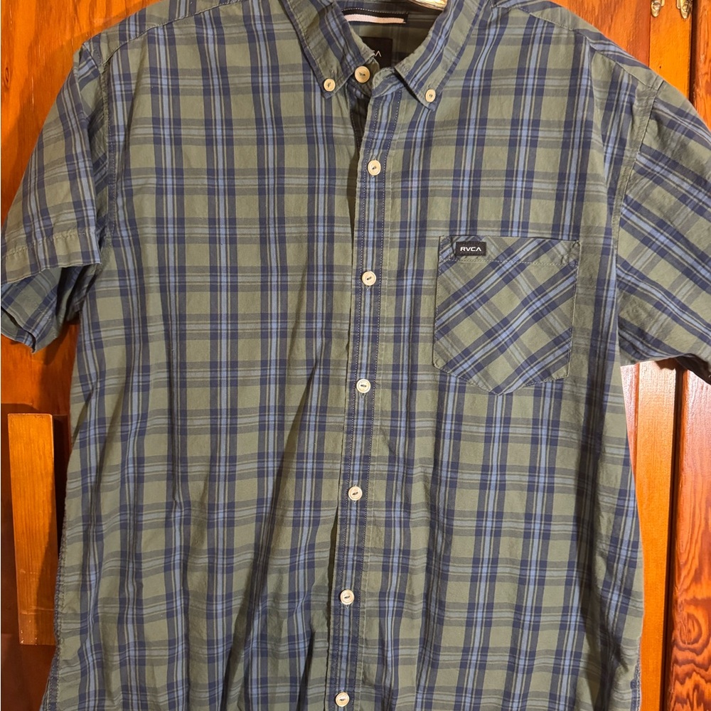 RVCA Men's Green and Blue Plaid Button Down Shirt